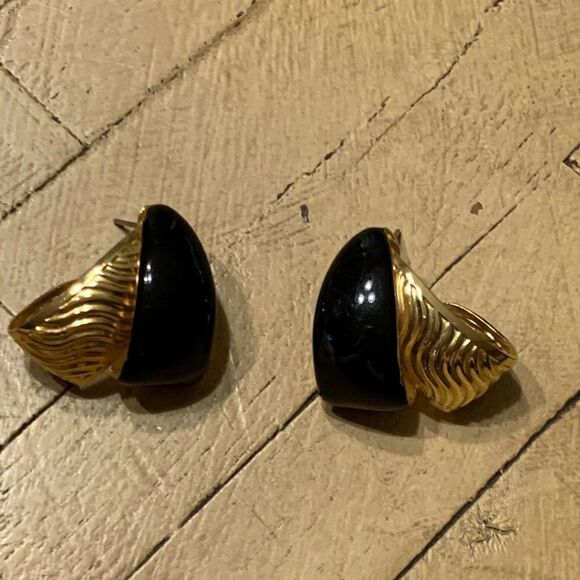 Vintage Black & Gold Earrings 80s 90s Hoop - Picture 1 of 5